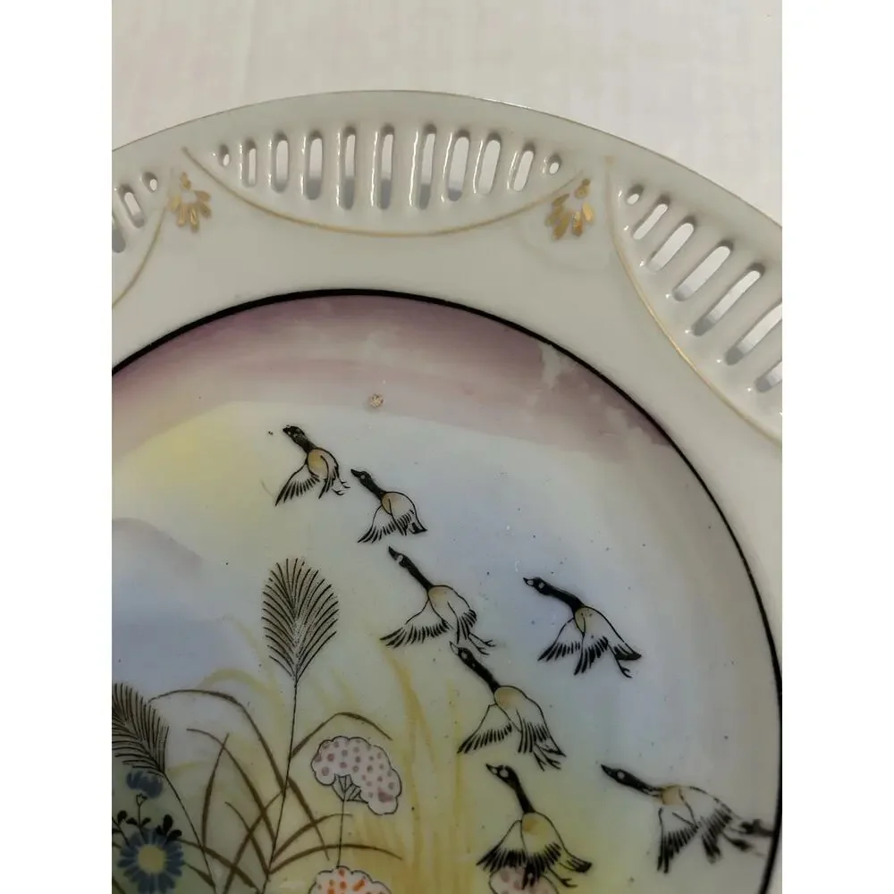 Antique Nippon Hand Painted Moriage Reticulated 9” Plate Floral Geese Gold Gilde